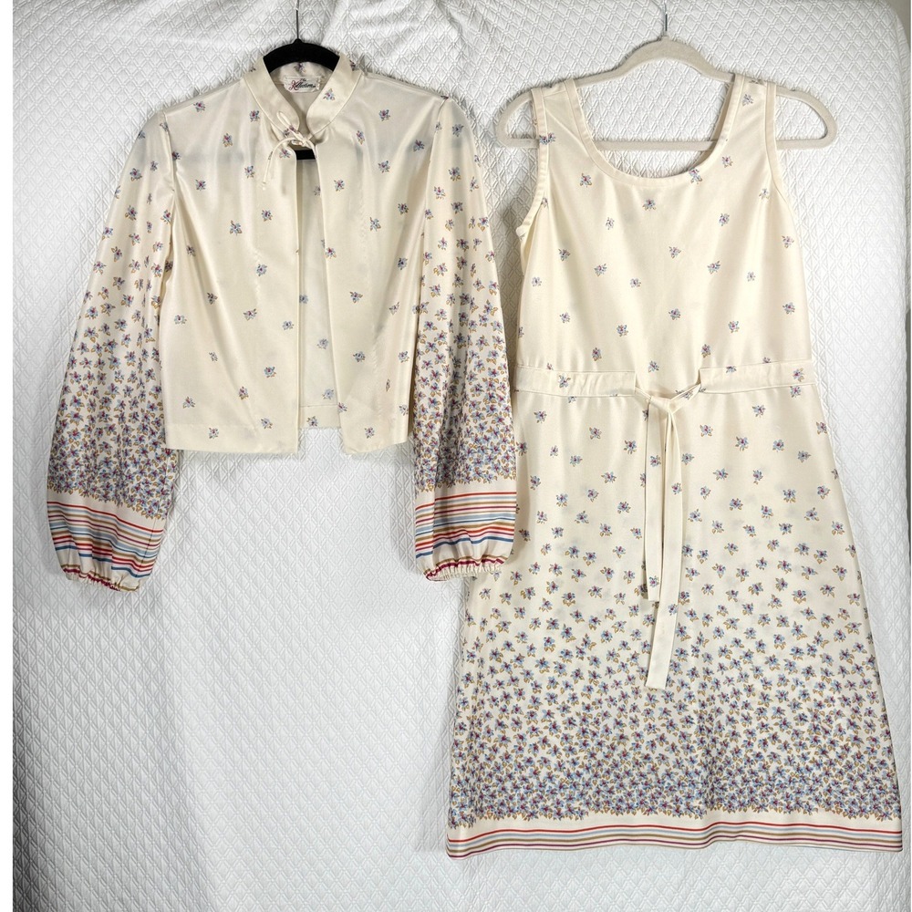 Vintage The Kollection Floral Midi Dress and Jacket Set Cream Blue Red 70s Style
